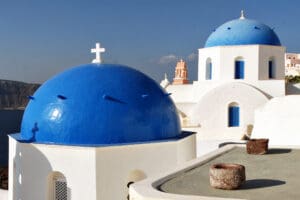 Final roof design is the Blue Domed Roof of White Church in Santorini, Greece