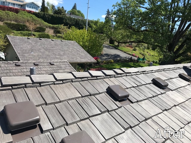 Close Up View of Home on Lakeshore Avenue After Roofing with cedar shake shingles.