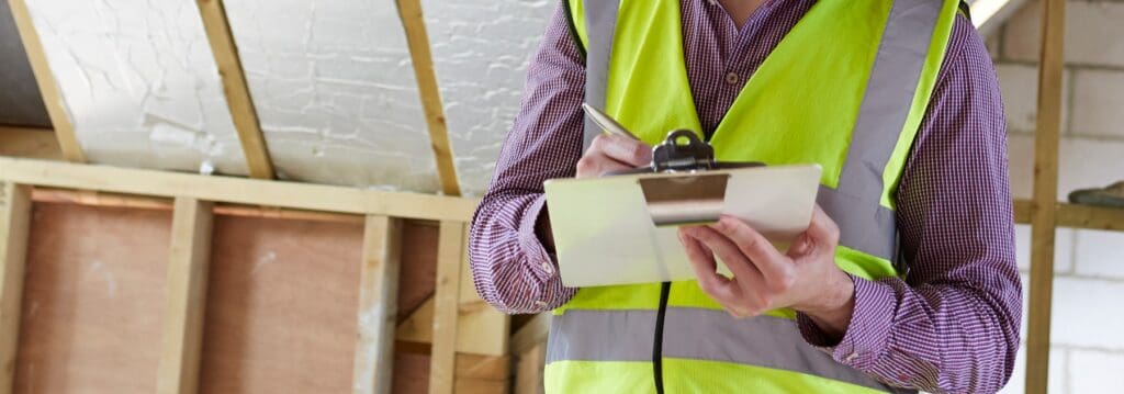 Man holding a clipboard while inspecting the attic