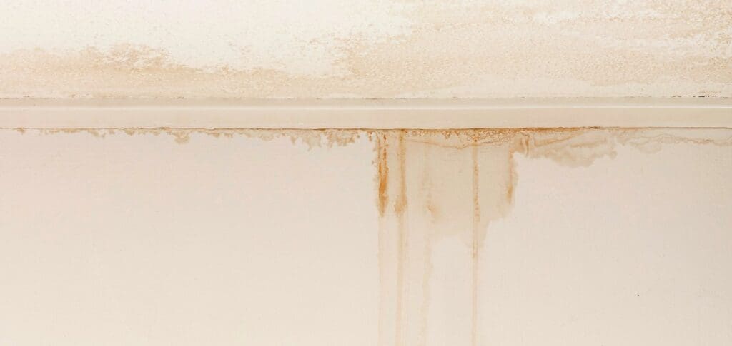 Water damaged ceiling and wall, white becoming brown to help illustrate Roof and Structure Leak Repair