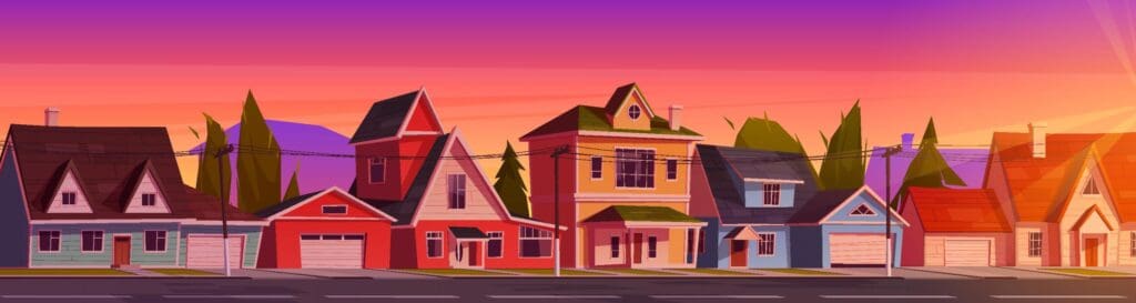 Colorful illustration of rows of houses at dusk to illustrate Installing Metal Roofing Understanding Process and Results