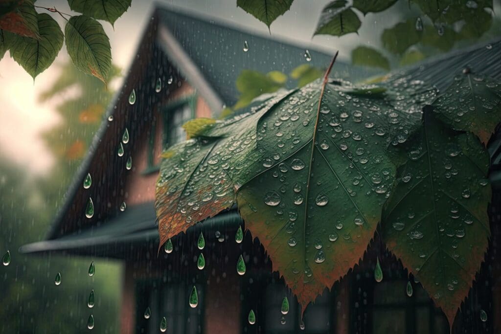 AI-generated image of rainwater falling on leaves with home in the background to illustrate Metal Roof or Shingles What’s Best for Pacific Northwest
