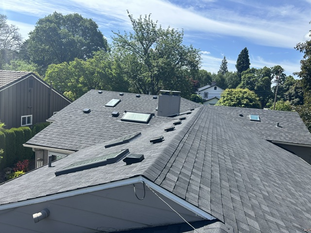 A house with a new gray composition roof and skylights