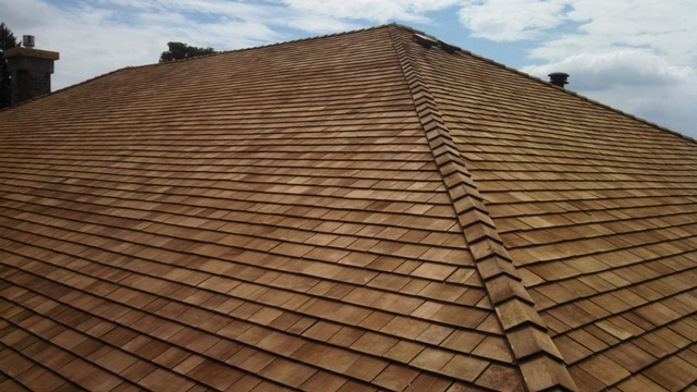 A cedar roof on a large home