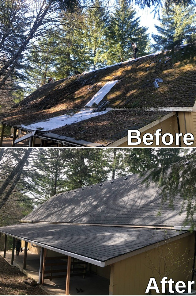Moss roof before and after roof tear off and replacement project in Battleground, WA