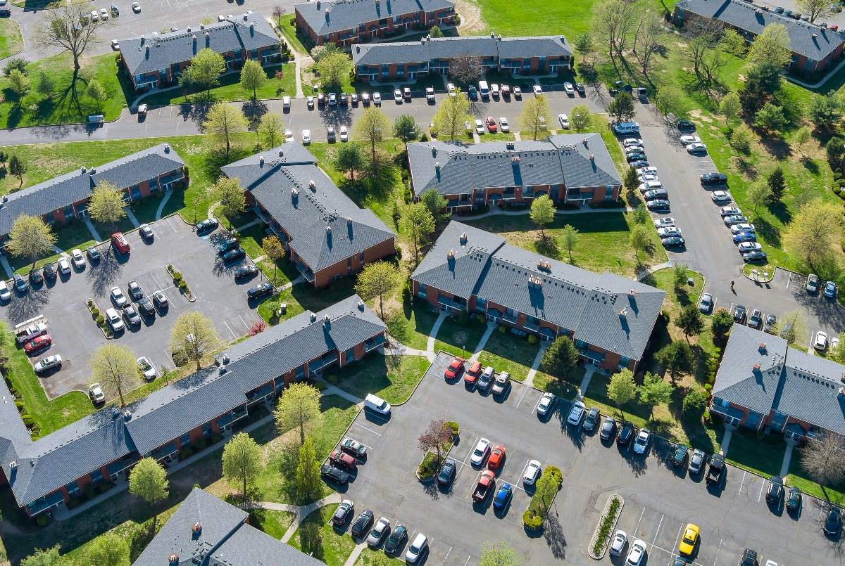 Overthead view of an apartment complex to help illustrate apartment roofing services