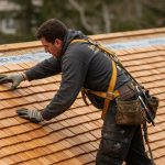 A man working on a cedar shake roof to help illustrate what are most common roof pitches.