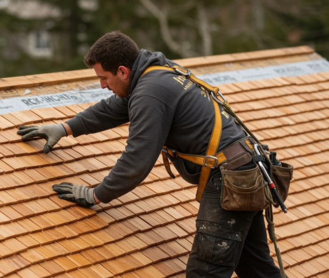 A man working on a cedar shake roof.