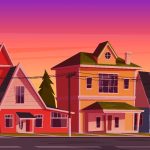 Colorful illustration of rows of houses at dusk to illustrate Installing Metal Roofing Understanding Process and Results