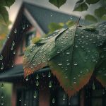 AI-generated image of rainwater falling on leaves with home in the background to illustrate Metal Roof or Shingles What’s Best for Pacific Northwest