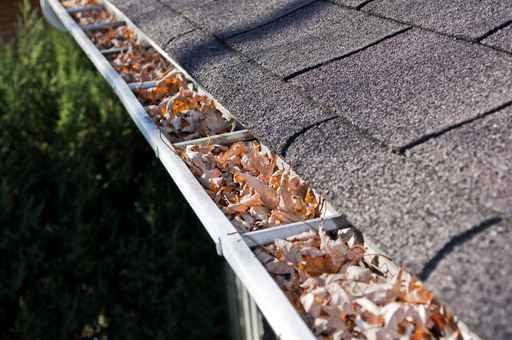 Image of a gutter full of leaves to illjustrate Gutter Cleaning Services Vancouver WA and Roofing Tips for Homeowners